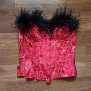 Moulin Rouge Red Brocade Corset Bustier Bodice Top costume Fancy feather Trim